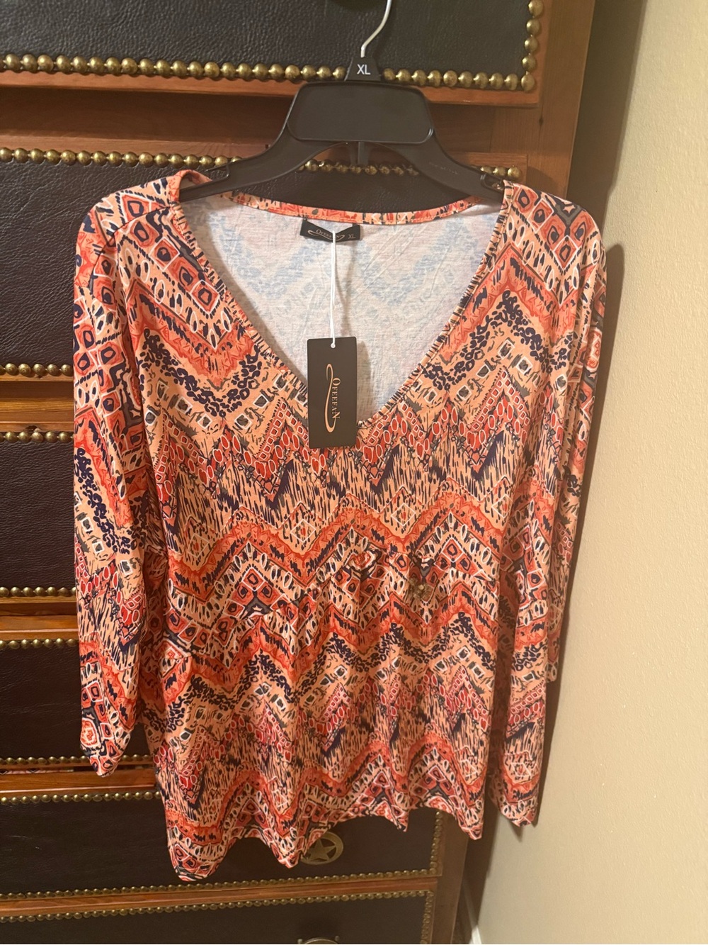 Orange Multi-Pattern V-Neck Women's Top